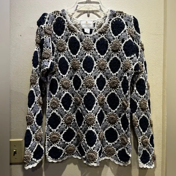 Express Blue and White Cropped Embellished Blouse - Picture 1 of 3